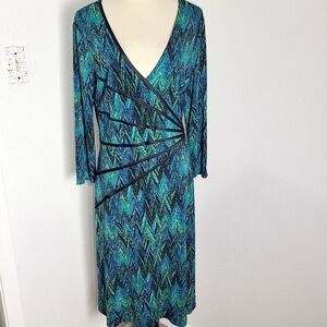 Connected Apparel Blue & Green Dress with Black Trim Across the Front, Size 14